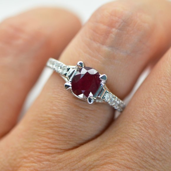 Gemstone & Diamond Engagement Ring 14K White Gold Oval Red Ruby 1.98 TCW - Picture 3 of 12